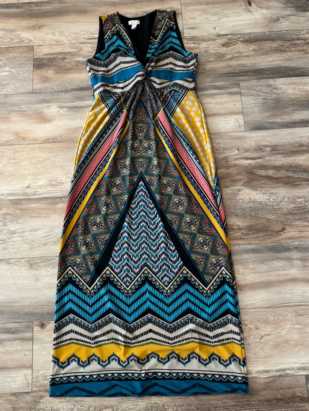 Chico's Ikat-Style Maxi Dress Blue Yellow Chicos size 1 M Wedding Guest Dress